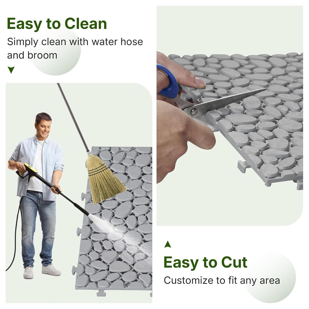 Gray Pebble‑Pattern Plastic Interlocking Deck Tiles