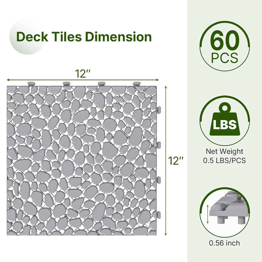 Gray Pebble‑Pattern Plastic Interlocking Deck Tiles