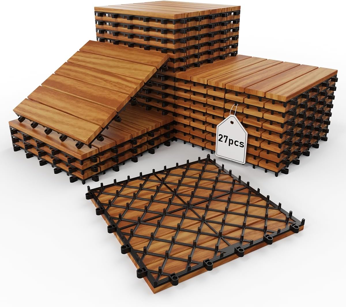 Interlocking Acacia‑Wood Outdoor Deck Tiles