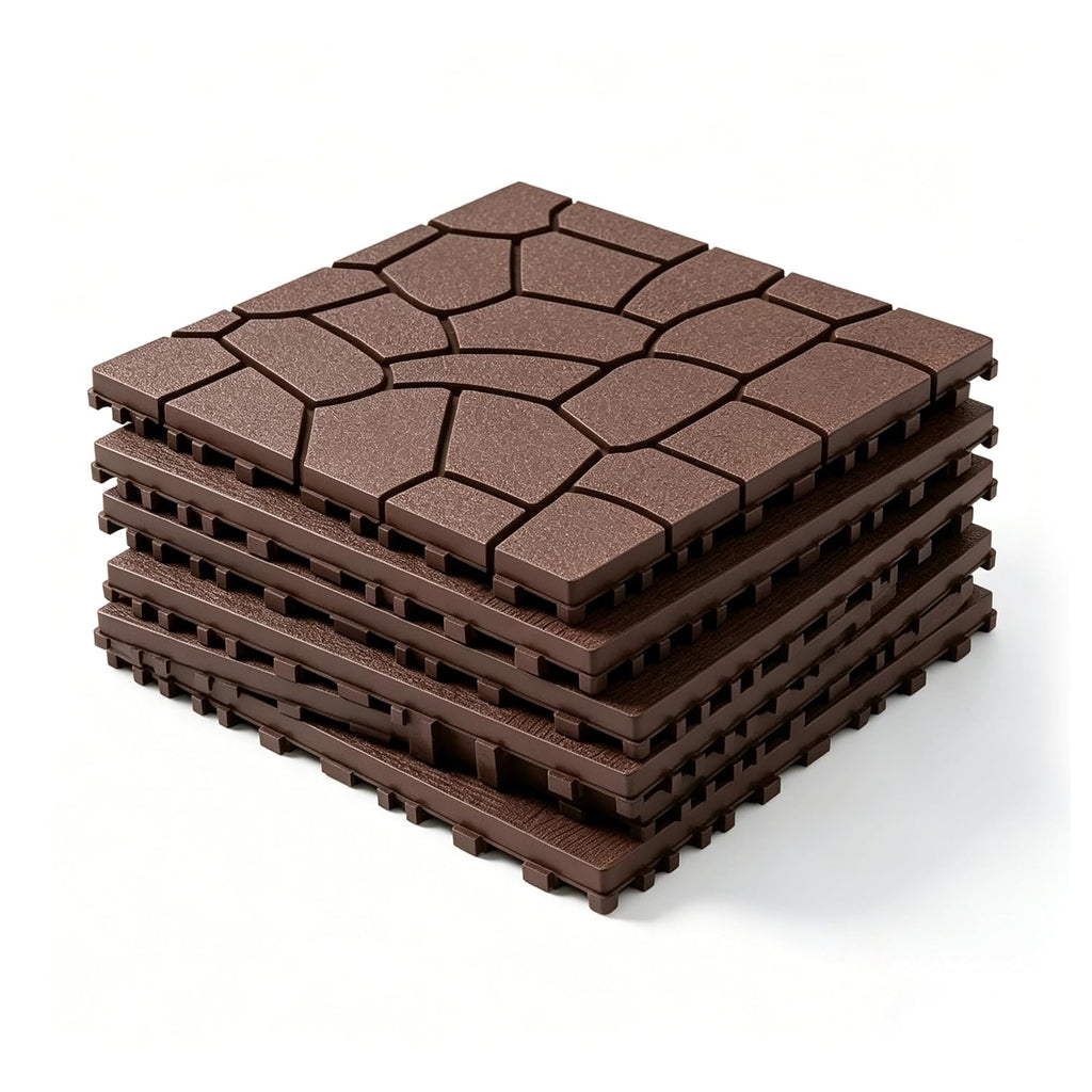 Dark‑Brown Pebble‑Pattern Plastic Interlocking Deck Tiles