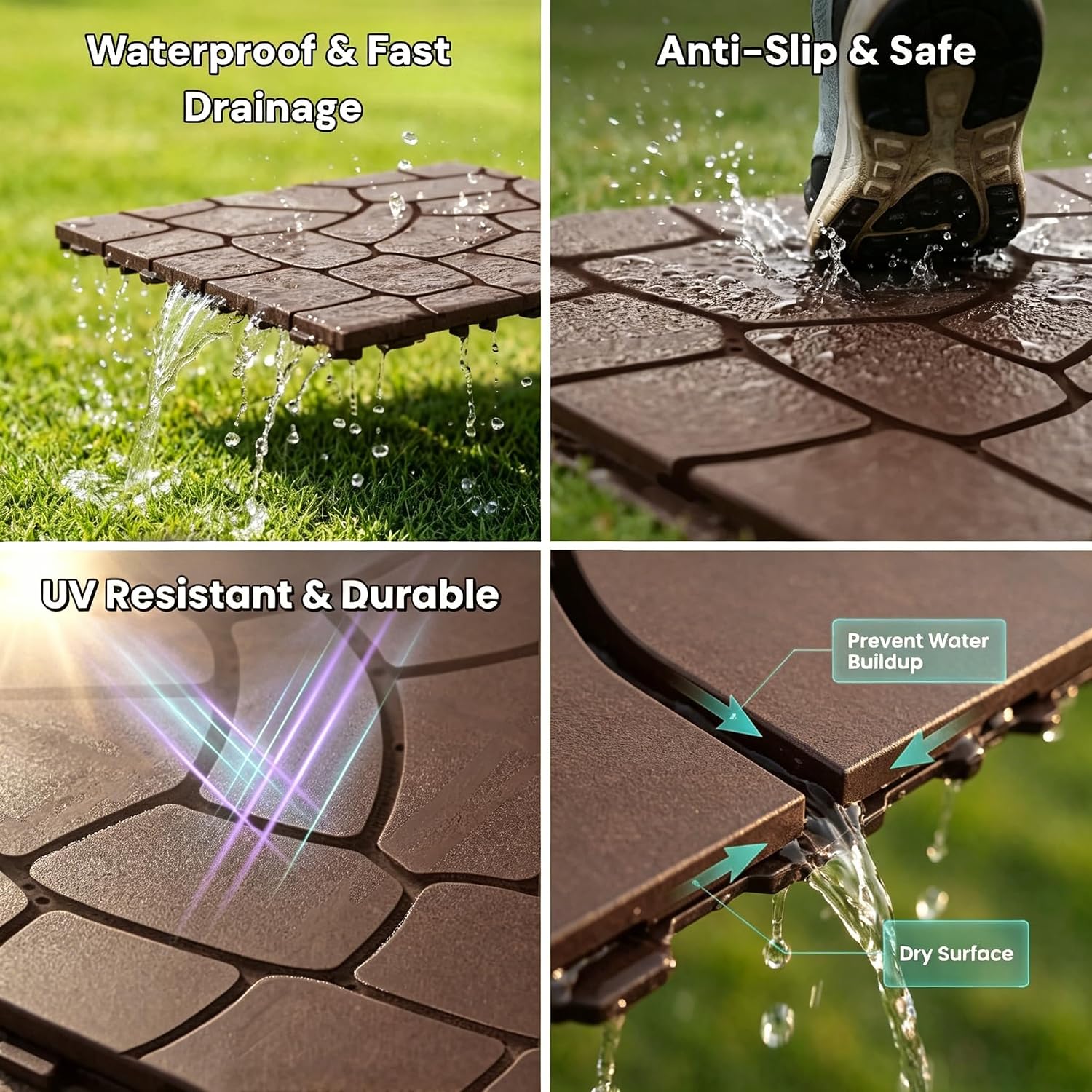 Dark‑Brown Pebble‑Pattern Plastic Interlocking Deck Tiles