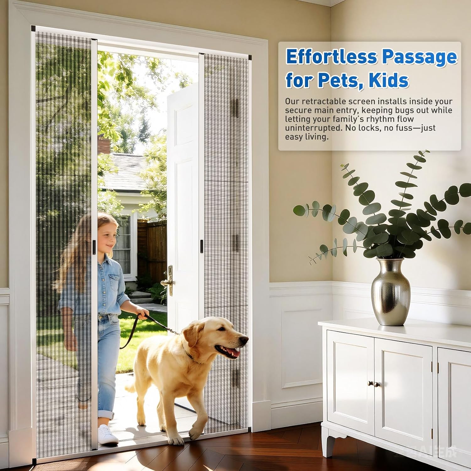 No‑Drill Pet‑Proof Retractable Screen Door
