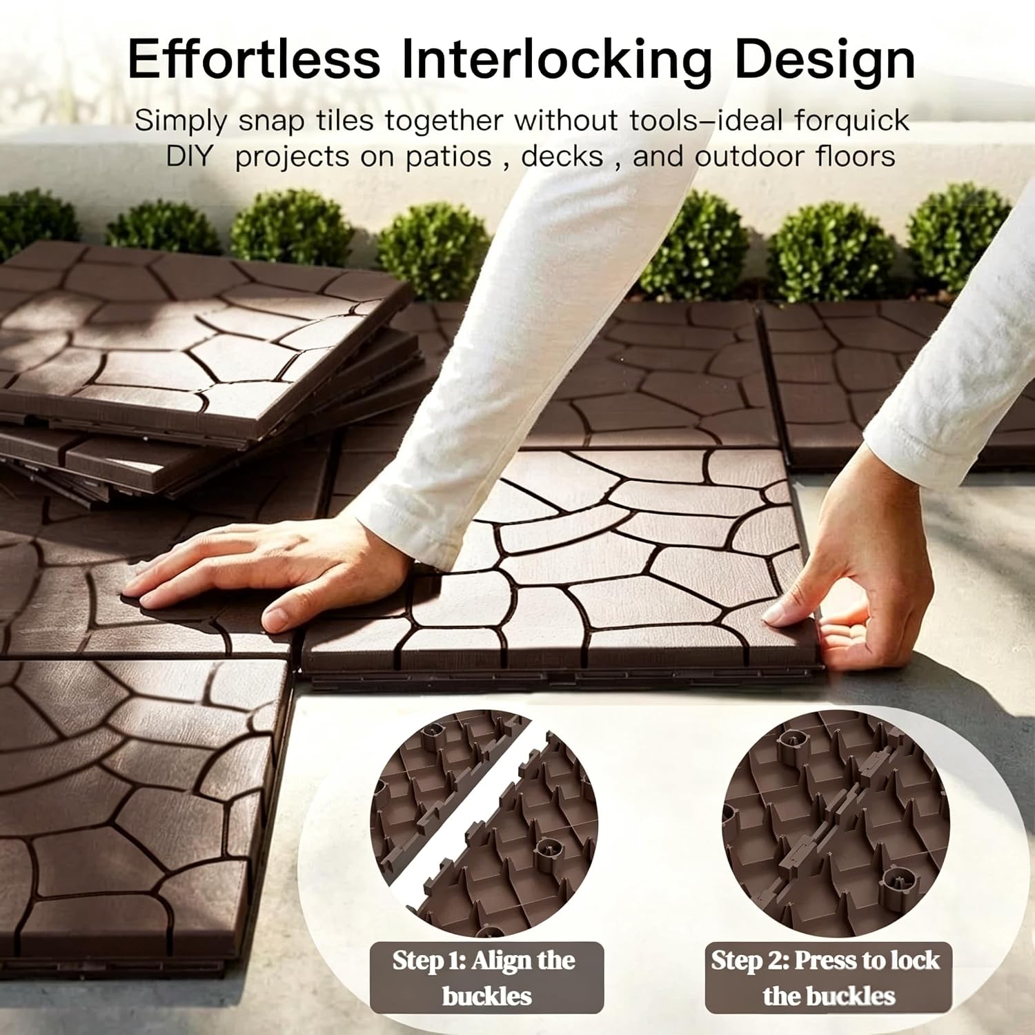 Dark‑Brown Pebble‑Pattern Plastic Interlocking Deck Tiles