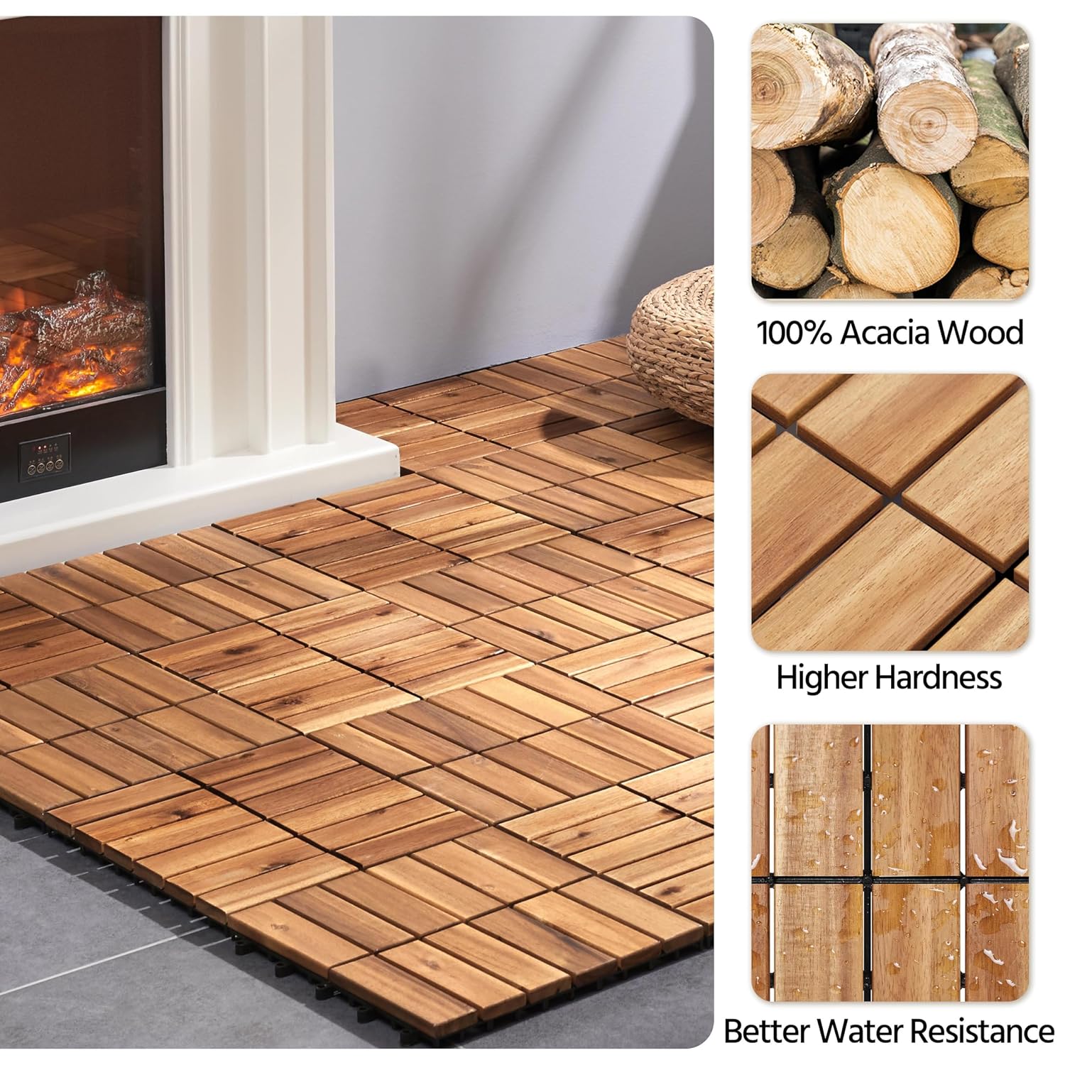 Natural‑Finish Acacia‑Wood Interlocking Deck Tiles